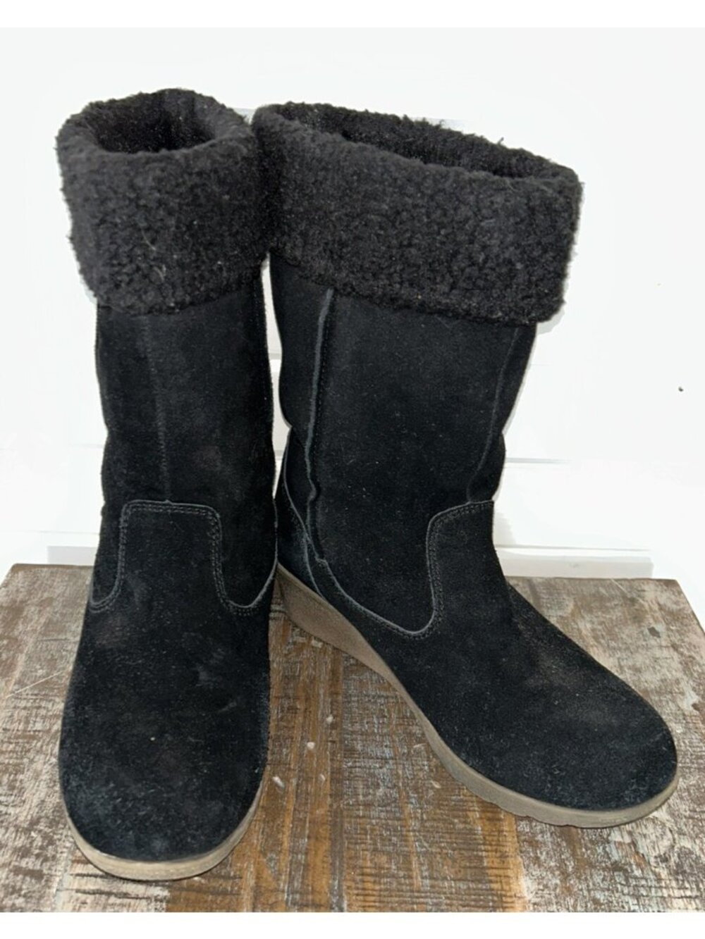 Lands End Sz 7.5 Chalet Pull-On Wedge Boot Black Suede Faux Fur Lined Women's